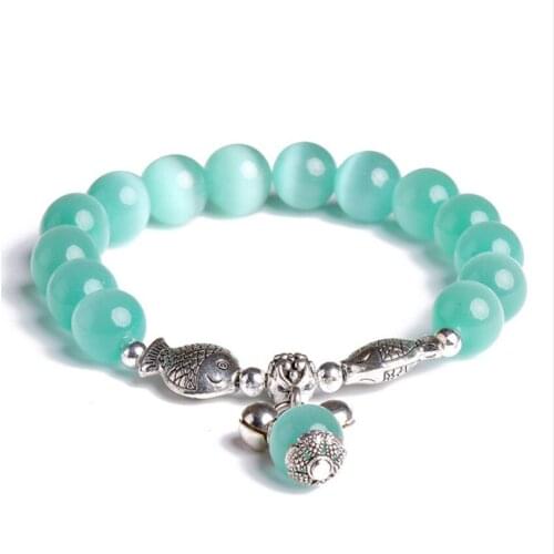 FYSL Silver Plated Fish Connect Green Cat Eye Stone Beads Stretchy Bracelet Animal Jewelry