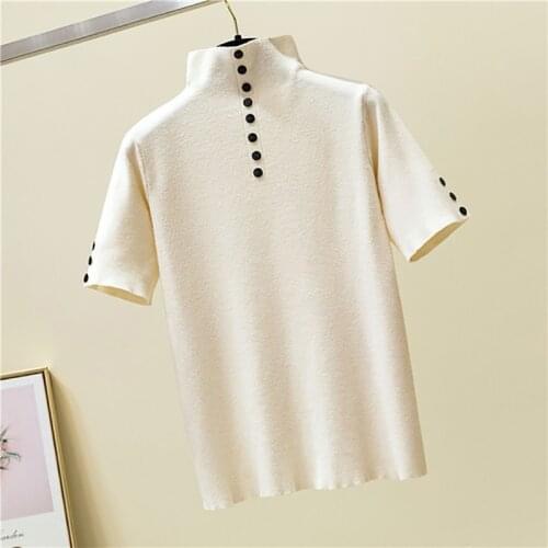 2020 Summer Shirt Women Elasticity Short Sleeve Turtleneck Button Ladies Tops Blusas Mujer De Moda 2019 Casual Blue Woman Blouse