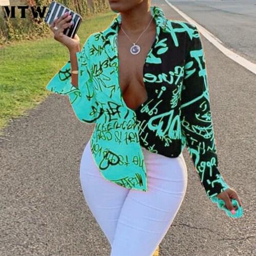 Elegant Loose Office Shirts Vintage Letter Printed Gradient Color Blouses 2021 Casual Turn Down Collar Long Sleeve Tops