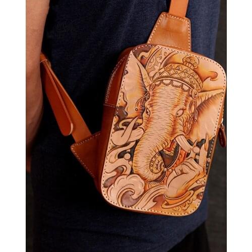 Handmade Top layer Leather Women Vegetable Tanned Leather Shoulder Bag Cowhide Hand-carved Elephant God Handbag