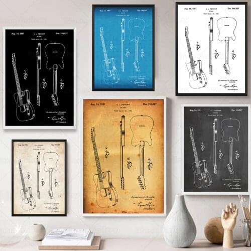 Vintage Fender Telecaster 1951 Gitarre Patent Musik Zimmer Blaupause Poster Leinwand Malerei Druck Wand Décor Living Home Kunst