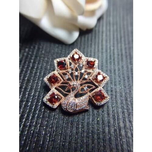 Natural red garnet gem brooch S925 silver Natural gemstone brooch Pendant trendy Peacock Wings women two wears wedding jewelry