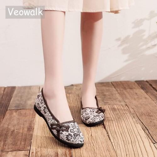 Veowalk Women Floral Printed Cotton Fabric Ballet Flats with Soft Bottom Comfortable Slip On Flat Shoes Ladies Casual Ballerinas