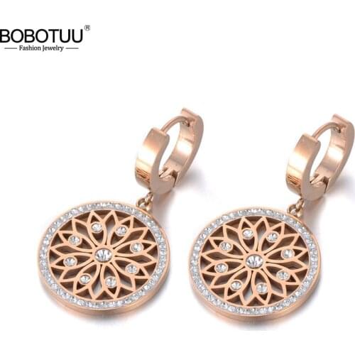 BOBOTUU Original Design Stainless Steel Flower Rattan Disc Earrings Jewelry Trendy CZ Crystal Hoop Earrings For Women BE19269