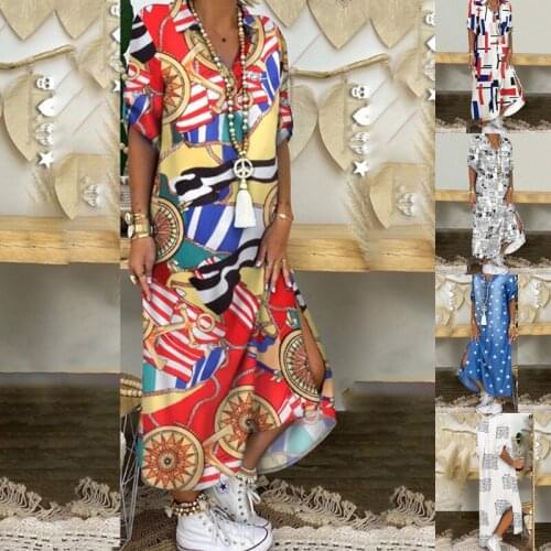 Summer Women Elegant Print Buttoned Irregular Slit Dress Lapel Neck Party Dress Casual Loose Long Sleeve Beach Vestidos Femme