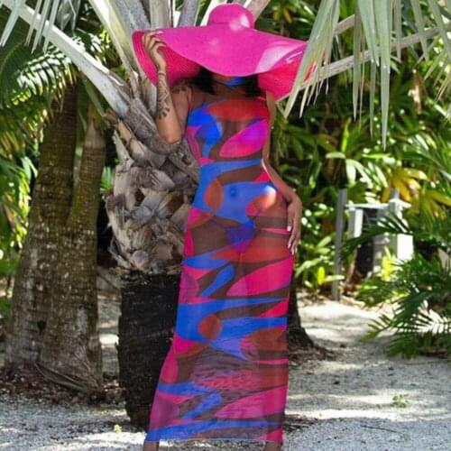 2021 Sleeveless Patchwork Print Mesh See Through Skinny Maxi Dress Summer Women Fashion Sexy Club Party Outfits Long Dresses