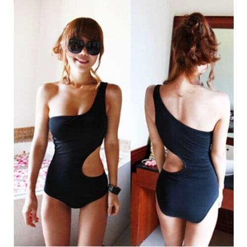 2021 Sexy Womens One Shoulder One-Piece Suits Swimsuit Padded Bodycon Bikini Mesh Swim Suit Hollow Solid Black Beachwear