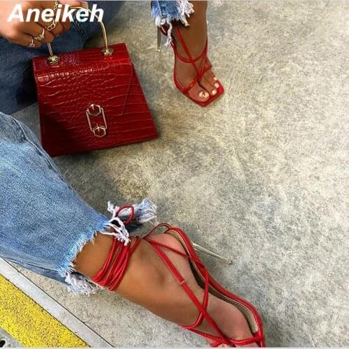Aneikeh NEW 2021 Sexy PU Cross-Tied Summer Femmes Sandales Peep Toe High Heel Fashion Lace-Up Ladies Gladiator Party Shoe 35-42