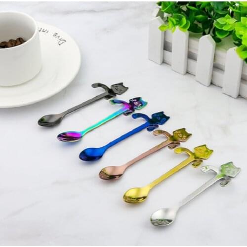 Cat Teaspoons Stainless Steel Cartoon Cat spoons Creative Ice Cream Dessert Long Handle Coffee&Tea Spoon Tableware Colors