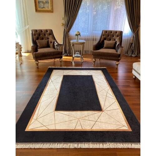 Black Living Room Rug Modern Gold Strips Washable Non-Slip Outsole Stain resistant Foal Feather Antibacterial Fabric Premium Series