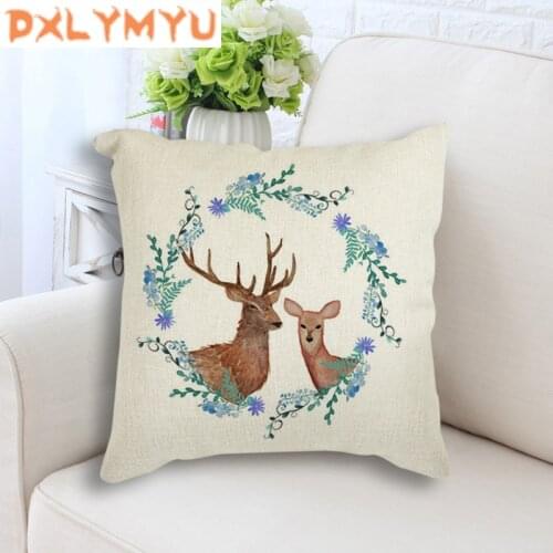 Nordic Decoration Animal Deer Flower Print Seat Cushion Sofa Throw Pillows Cotton Linen Square Decorative Cushion 45x45cm