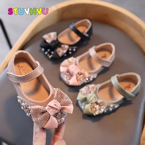 Girls Leather Shoes for Children 2021 Spring and Autumn New Fashion Pearl Rhinestone Bow Princess Girls Shoes Kids Casusl Shoe