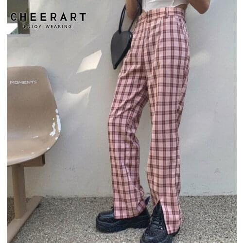 CHEERART Pink Plaid Long Pants Summer High Waisted Hem Split Trousers Women Vintage Bottoms Wide Leg Pant Korean Style Clothing