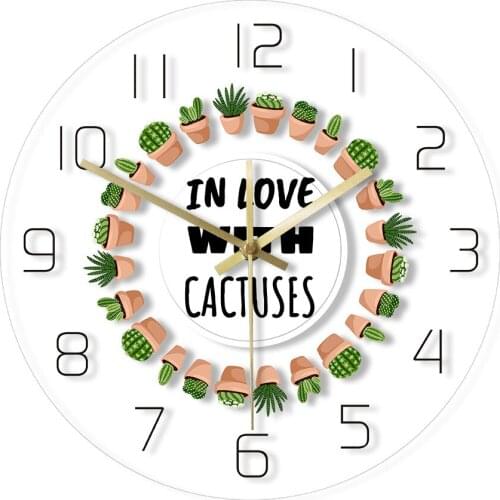 In Love With Cactuses Scandinavian Style Acrylic Wall Clock Potted Succulent Plants Decor Cozy Gardening Non Ticking Wall Clock