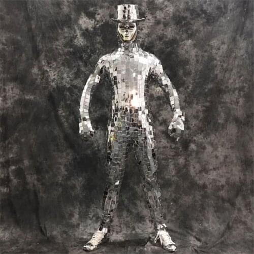 RE63 Party silver mirror bodysuit DJ robot men perforamnce clothe stage dance costumes mirror gloves disco show outfits dress DJ