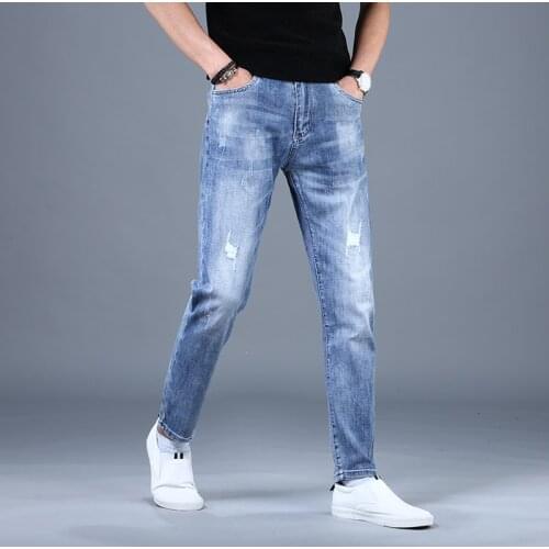 Summer Blue Ripped Jeans Streetwear Men Loose Straight Pants