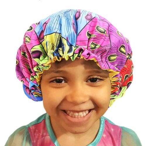 Cute Pattern Kids Satin Wide-brimmed Elastic Nightcap Turban Chemo Hat Girls Wide Elastic Band Solid Night Sleep Cap
