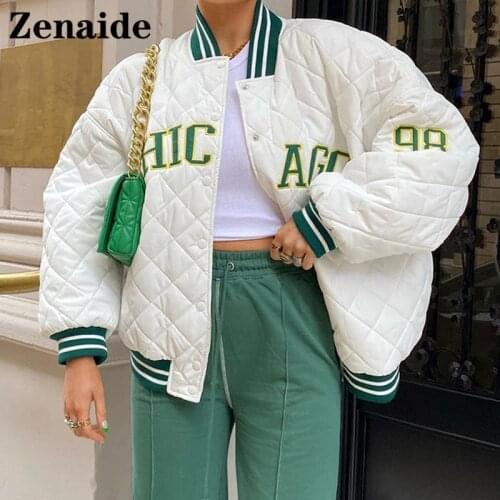 Zenaide 2021 Fashion Quilted Jacket Long Sleeve Baseball Uniform Autumn Winter Women Letter Print Vintage Casual Bomber Coat Y2K