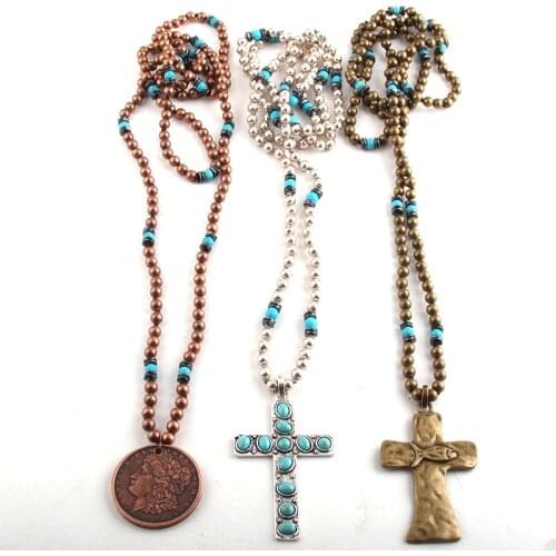 Fashion Bohemian Tribal Jewelry 6mm Metal Beads / Turq Long Knotted Metal Cross Pendant Necklaces