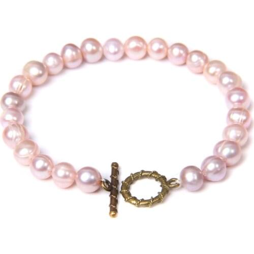 7-8MM Genuine Purple Natural Pearls Bracelets Freshwater Baroque Pink Pearl Beaded Bangle Chains for Women Female Jewelry Gifts