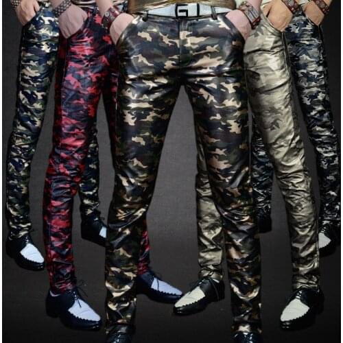 Mens Camouflage Pants Mens Leather Pants Slim Feet Leather Pants Thin Personalized Motorcycle Men Clothes Ropa De Hombre 2020