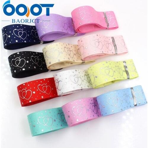 OOOT BAORJCT I-19326-796,10yards 25mm laser Silver Love shape Printed grosgrain ribbon DIY handmade headdres wedding gift wrap