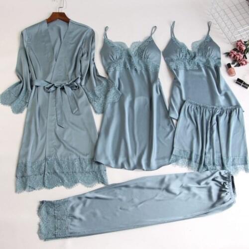 5 Pieces Pajamas Set Women Silk Sleeveless Tops + Pants + Robes + Gowns + Shorts Sexy Lingerie Sleepwear Nightgown