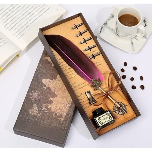 Dip Pen Short Hair Leaf Pole Cardboard Feather Pen Birthday Gift Box Student Stationery Retro Gift Box Office Stationery 2019