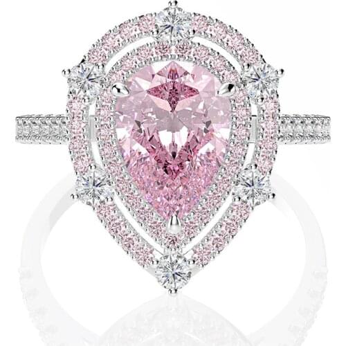 Luxury 925 Sterling Silver Women Engagement Double Halo Pink Pear Rings Simulated Diamond Wedding Silver Bridal Ring Jewelry