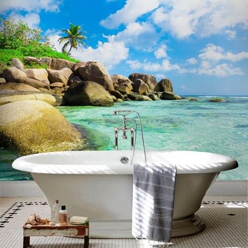 Custom Self-adhesive Bathroom Mural Bathroom Waterproof 3D Wall Paper Sticker Blue Sky Seawater Landscape Backdrop 3D Home Decor