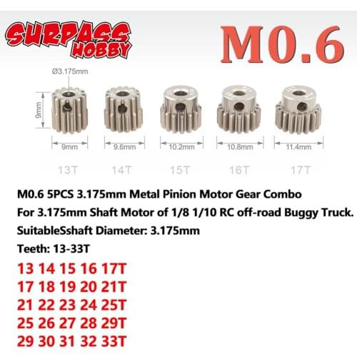 SURPASS HOBBY 5PCS M0.6 3.175mm 13T-17T/17T-21T/21T-25T/25T-29T/29T-33T Metal Pinion Motor Gear Combo Set for 1/8 1/10 RC Car