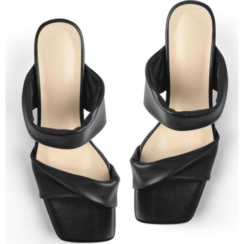 Richealnana Womens Slip-On Square Open Toe Mules Black Classic Sandals Clear Kitten Heeled Slides Female Comfortable Shoes