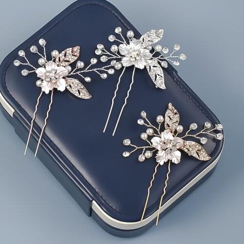 Fashion Leaves Pearl Hair Jewelry Flower Hairpins Rose Gold Silver Color Handmade Hair Clip Wedding Women Bride Hair Accessories