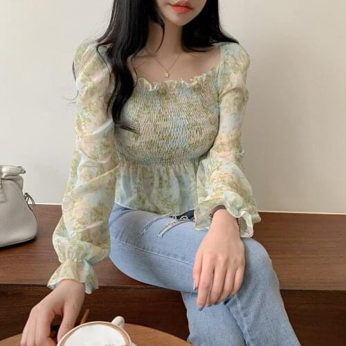 2020 Autumn New Women Floral Shirt Elastic Long Sleeve Crop Top Ruffles Peplum Blouse Chemise Blusas De Mujer