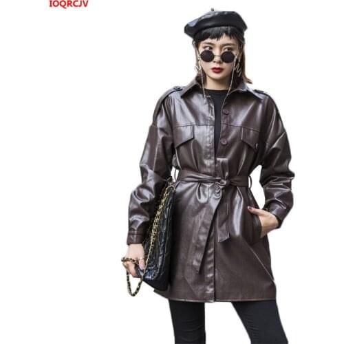 Fashion Loose Pocket PU Leather Women Jacket Fashion Long Sleeve Casual Chic Long Coat Autumn Female Faux Leather Trench 1505