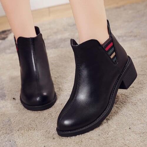 2019 new Winter PU Leather Women Boots Low Heels Autumn Winter Casual Slip-On Round Toe Basic Ankle Boots for Women Shoes