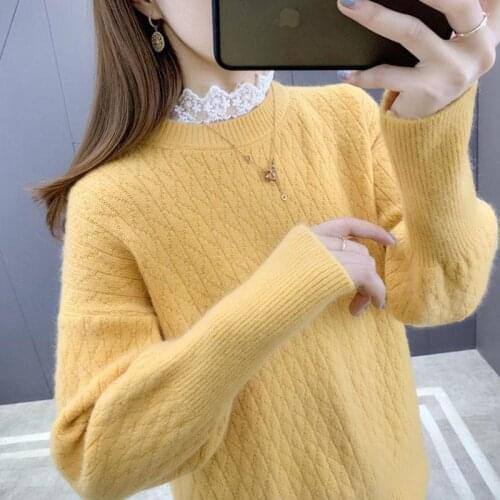 Womens Autumn Winter Sweaters Korean 2021 Warm Thicken Loose Pullovers Knitting Bottoming Top Women Lace Stitching Sweater
