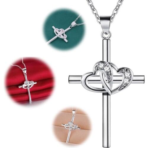 Womens Cross Pendant Cross Necklace Cubic Heart 925 Silver Necklace Stone