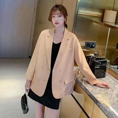 Vintage Stylish Pockets Office Lady Blazers Coat Women Loose Notched Collar Long Sleeve Outerwear Casual Double Breasted Blazer