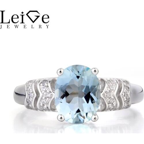 Leige Jewelry Natural Aquamarine Ring Engagement Ring Oval Cut Blue Gemstone March Birthstone 925 Sterling Silver Ring for Her