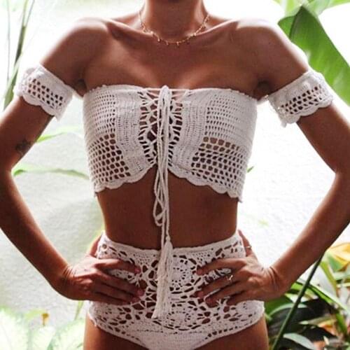 2Pcs Sexy Swimsuit Women Bohemian Crochet Hollow Bandage Bra High Waist Briefs Bikini Swimwear Women Bikinis biquinis feminino