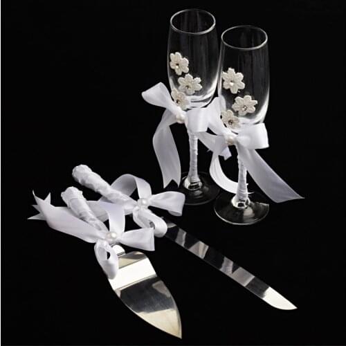 4pcs Lace Applique Goblet Cup Wedding Gift Champagne Wine Glass Decoration Cake Knife Tableware Set Anniversary Party Cutlery