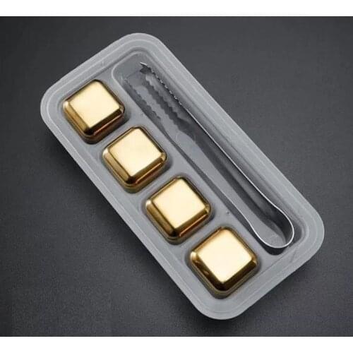 4pcs/set Gold Cube Ice Frozen Mold Stainless Steel Ice tongs Coffee Drink Whisky Bar Ice Wine Stone Creative Supplies SN591
