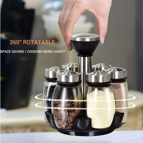 6PCS/Set Rotating Cruet Condiment Seasoning Jars Set Spices Pepper Sprays Bottles Salt Shakers Holder Kitchen Tool Storage Rack