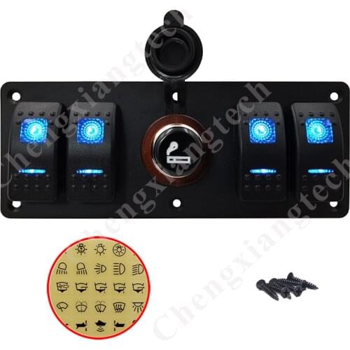Car Boat Marine 4 Gang Blue Led Light Bar Rocker Switch Panel With Cigaratte Lighter Plug Socket Prewired + Stickers