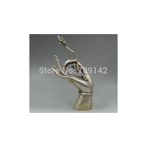 Chinese exquisite China Old Tibet Silver Carving Kwan-yin Buddha Hand Take Lotus Pure Lucky Statue Tibet silver Carving copper