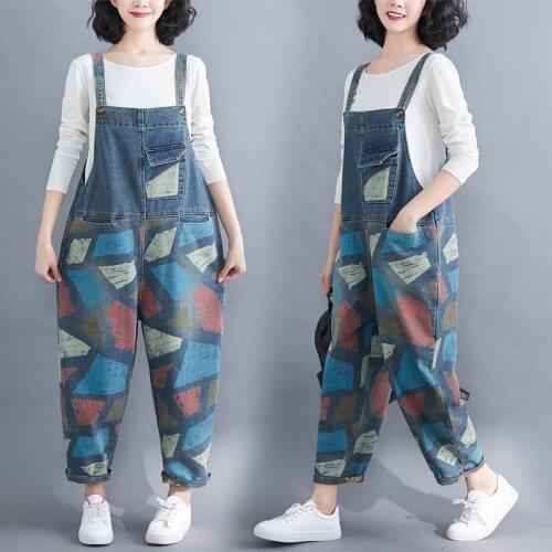 Streetwear Spring Summer 2021 New Look Thin Denim Print Overalls Womens Loose Jeans Casual Nine-point Overalls Baggy Bib Pants