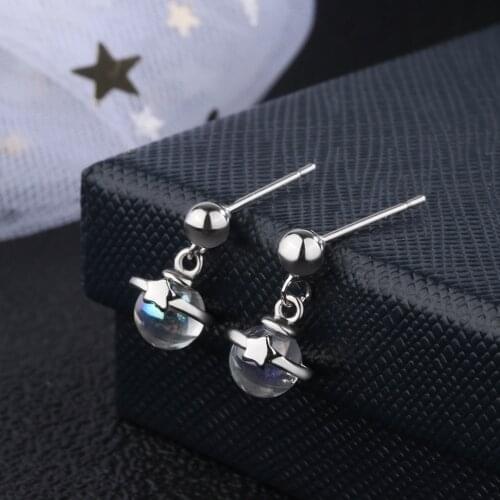 925 Sterling Silver Fashion Universe Planet Star Drop Earrings Fantastic Moonstone Anti-allergy Ear Studs For Lady S-E1006