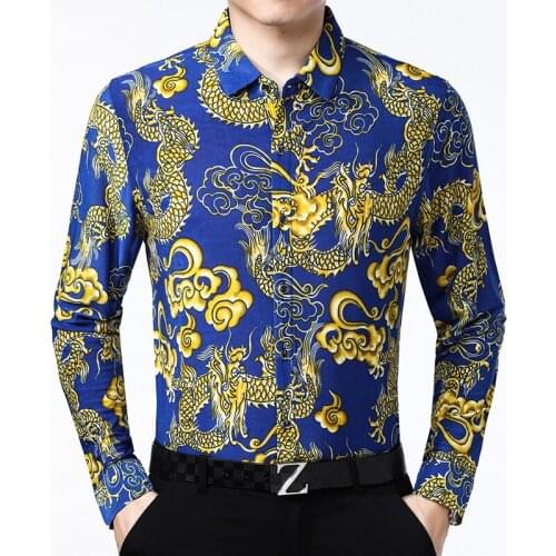 Man China Dragon Patterns Shirts Vintage Printing Long Sleeve Clothes Male Floral Streetwear Turn Down Collar Dress
