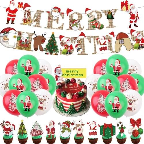 DIY Merry Christmas Balloons Set Xmas Ornaments Santa Clause Snowman Paper Flag Banner Cake Topper Decoration For Happy New Year